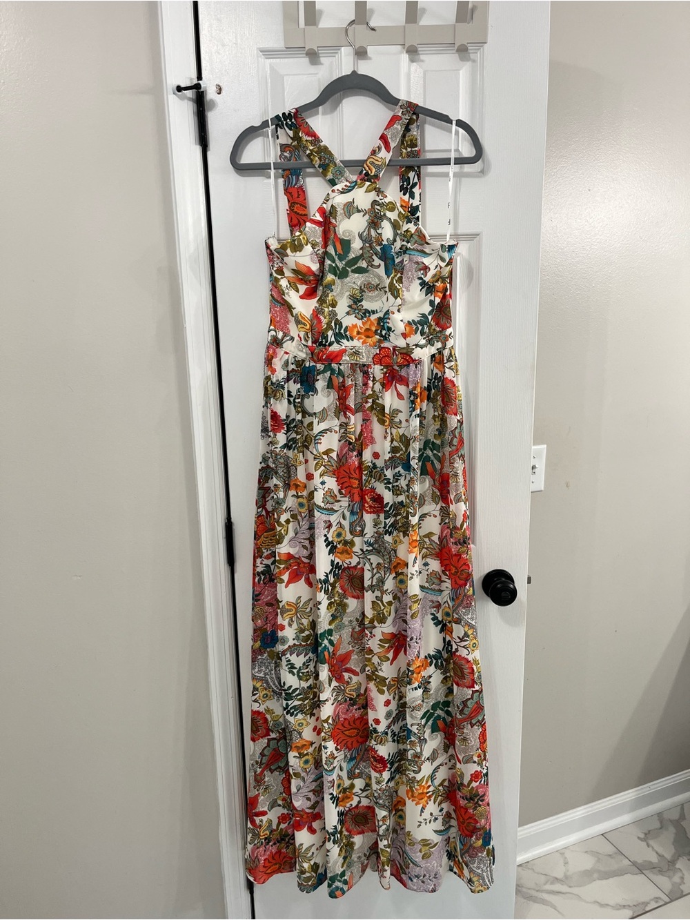 Lulu's Floral Halter Maxi Dress in White with Red & Green Accents - Picture 2 of 4